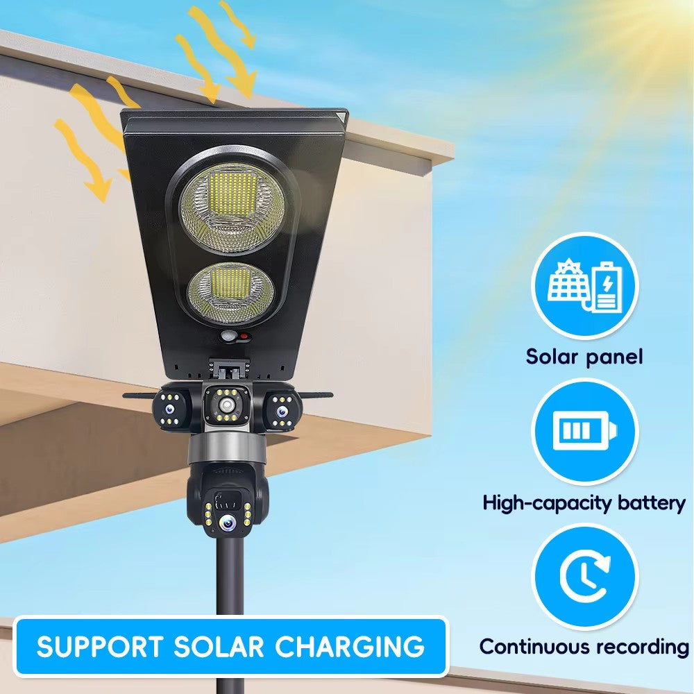 New V380 PRO 4G Solar Street Light Camera 6MP 3-lens PTZ 360° Home Security System Wireless 4G Two-Way Audio CMOS Panel CCTV