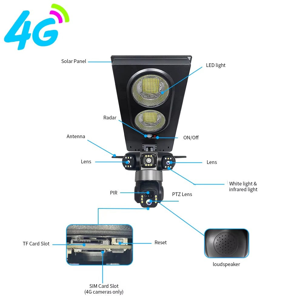 New V380 PRO 4G Solar Street Light Camera 6MP 3-lens PTZ 360° Home Security System Wireless 4G Two-Way Audio CMOS Panel CCTV